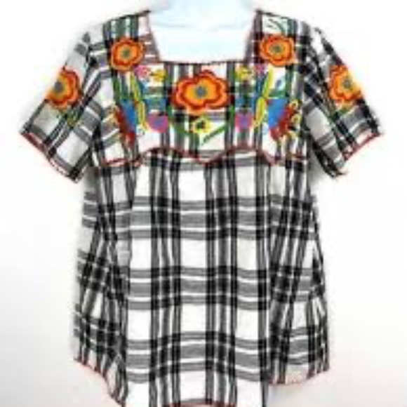 Sister Mary Black/White Plaid Embroidered Bodce Boho Top Sz L - Picture 1 of 5